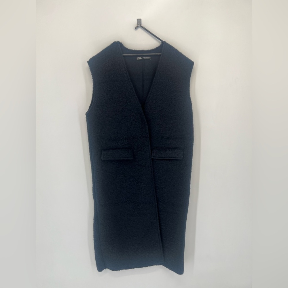Zara Boucle Knit Textured Open Front Sleeveless Long Vest Minimalist Coat Jacket
